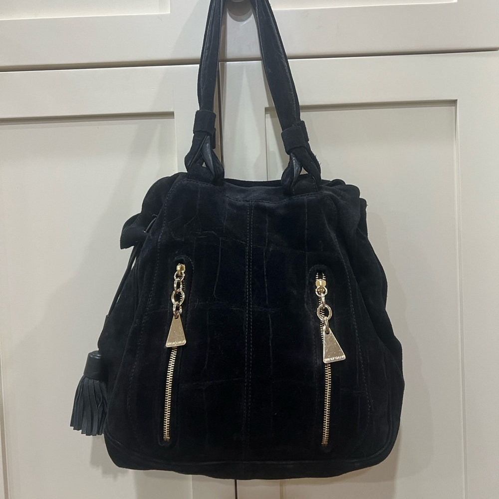 Authentic see by chloe shoulder bag black suede gold hardware